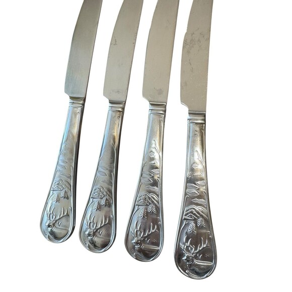 4 Cambridge Caribou Deer Elk Trees Moose Satin Stainless Flatware Steak Knives - Picture 2 of 4